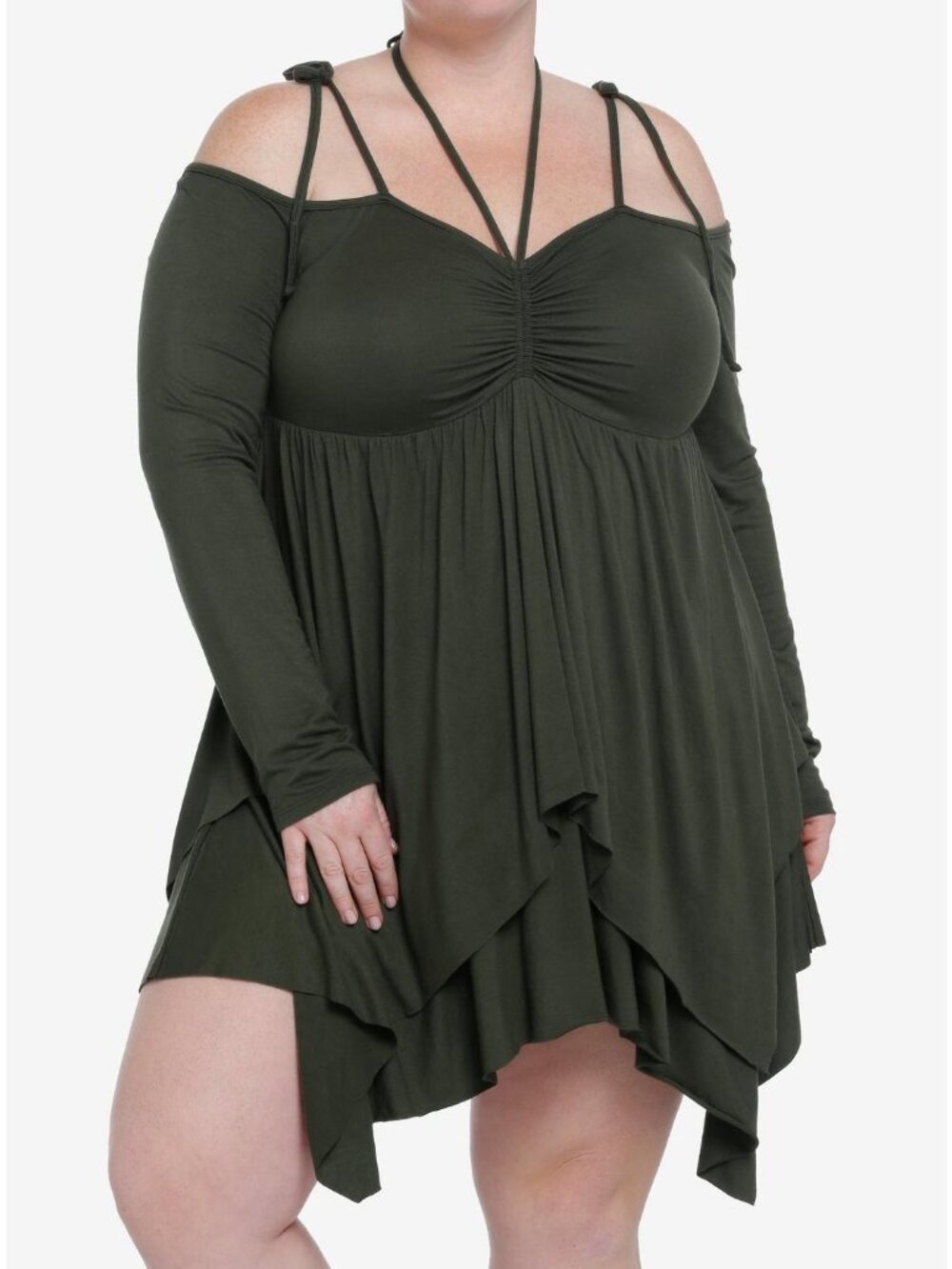 Hot Topic - Thorn & Fable Green Hanky Hem Girls Cold Shoulder Dress